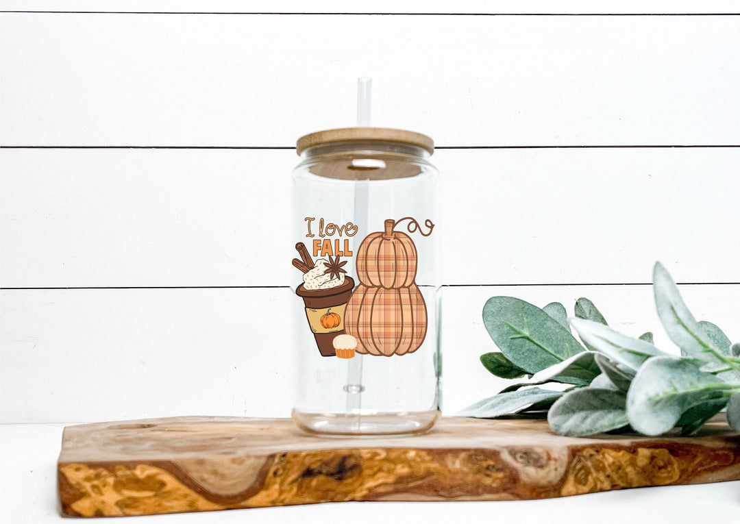 I love fall With stacked pumpkin and pumpkin spice coffee Glass cup can Tumbler | Glass cup with lid and straw