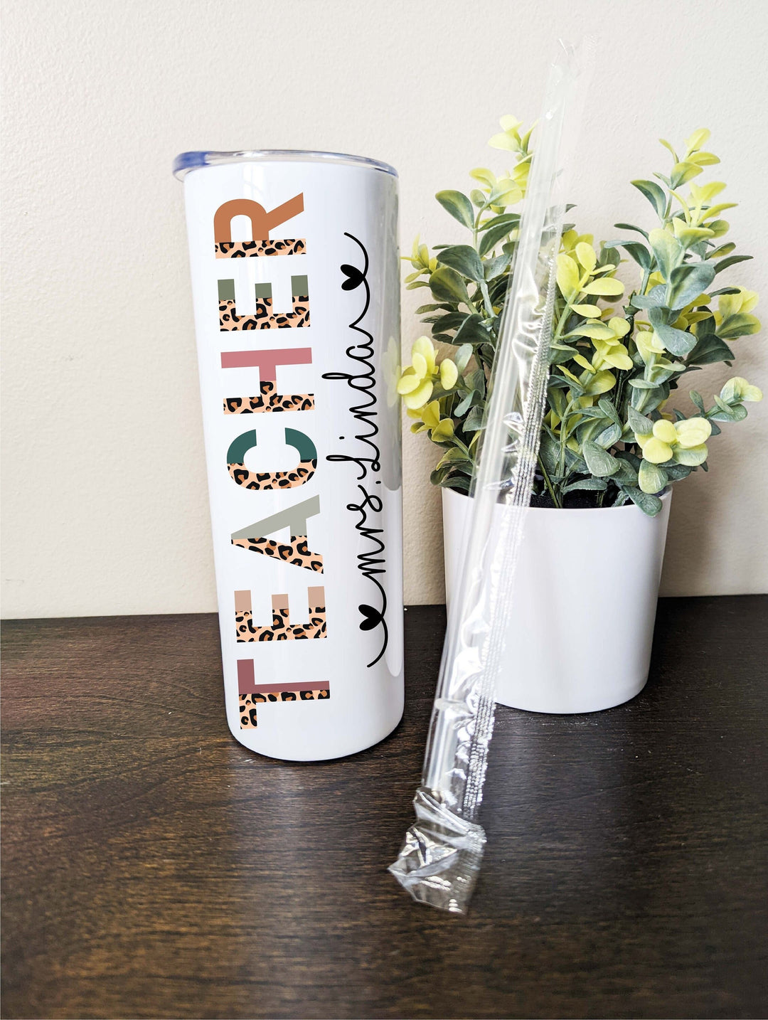 Personalized Teacher Tumbler|Half Leopard boho&nbsp;skinny tumbler with lid straw | End of year teacher gift | Teacher appreciation week gift