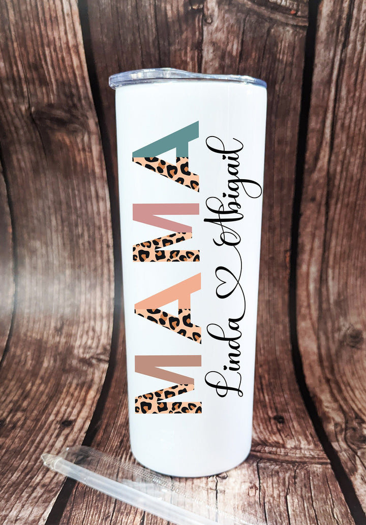 Mothers day gift Personalized half Leopard boho MAMA skinny tumbler with kids name Custom Mama Kids name tumbler&nbsp;Custom Tall 20oz tumbler