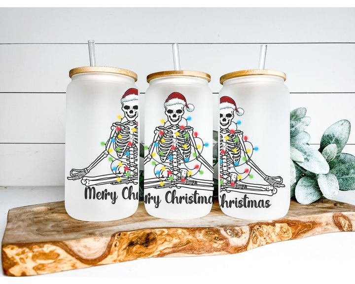 Skeleton Christmas Tumbler | Frosted Glass Can with Bamboo Lid &amp; Straw | Funny Spooky Holiday Cup | Gothic Christmas Gift Drinkware