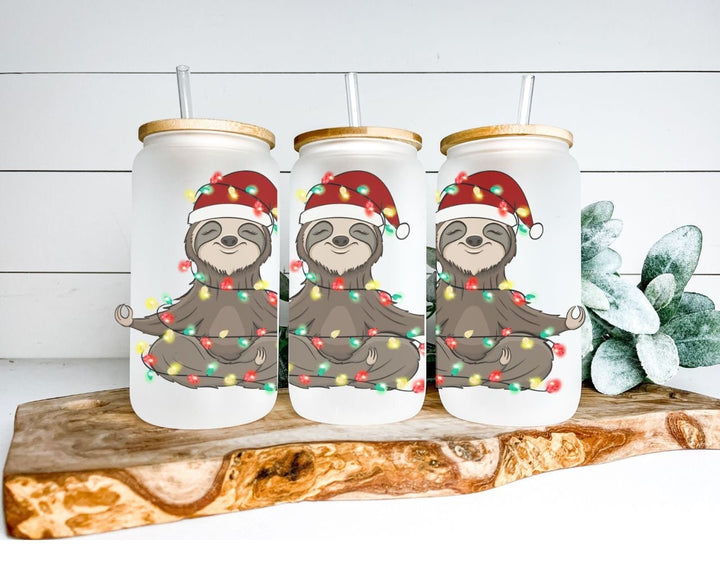 Sloth Christmas Frosted Glass Tumbler with Bamboo Lid &amp; Straw | Cute Holiday Sloth Gift Cup | Santa Sloth Iced Coffee Glass Drinkware