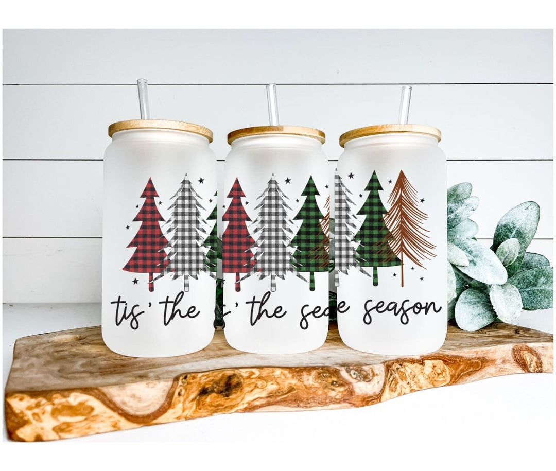 Tis the Season Glass Can | Frosted Christmas Tumbler with Bamboo Lid &amp; Straw | Holiday Plaid Tree Cup | Christmas Gift Idea