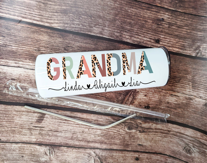 Personalized Grandma Gift | Half Leopard boho Grandma skinny tumbler with kids name |Custom grandma grandkids name tall tumbler