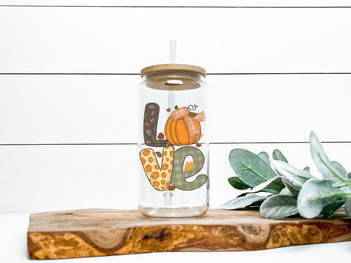 Fall Love Pumpkin iced coffee cup Love Fall cold drink glass can tumblers&nbsp;16 oz Glass with lid and straw Autumn coffee tumblers Coffee cup