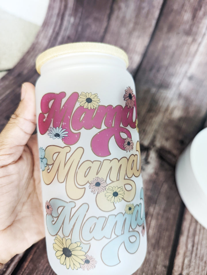 Retro floral MAMA Frosted/Clear&nbsp;beer can coffee tumbler |Floral MAMA Glass tumbler with lid