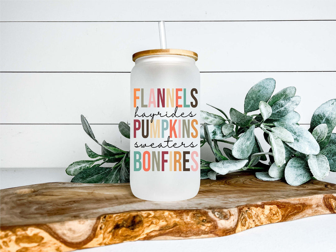 Fall Pumpkins Hayrides Sweater Bonfires Fall Glass Iced coffee cups can tumbler with lid and straw&nbsp;Autumn Glass gift coffee tumblers