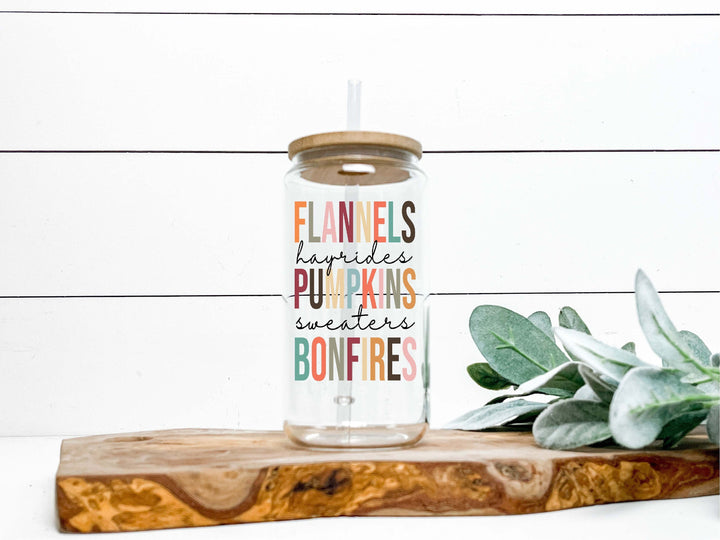 Fall Pumpkins Hayrides Sweater Bonfires Fall Glass Iced coffee cups can tumbler with lid and straw&nbsp;Autumn Glass gift coffee tumblers