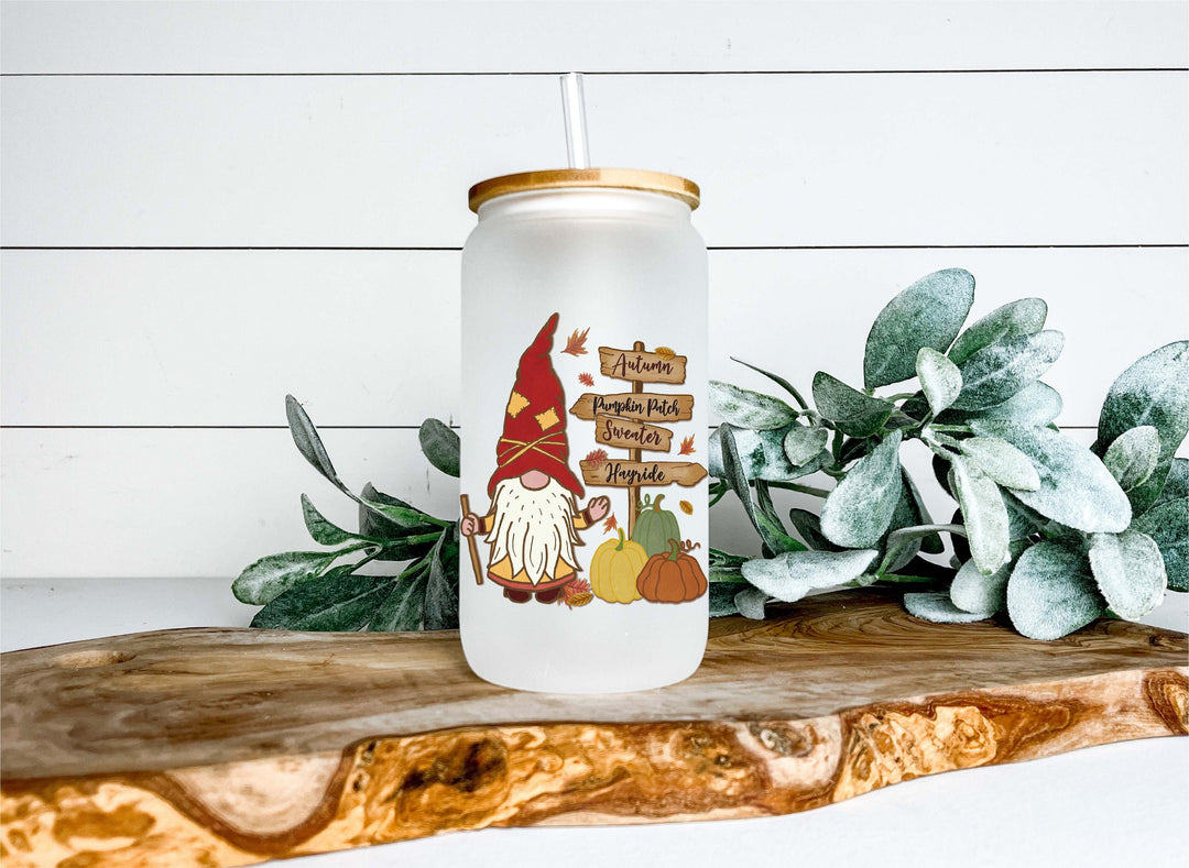 Fall Gnomes Autumn Iced coffee cups Hay rides Pumpkin patch sweater Hayride Glass cup can Tumbler 16 oz Glass cup with lid and straw