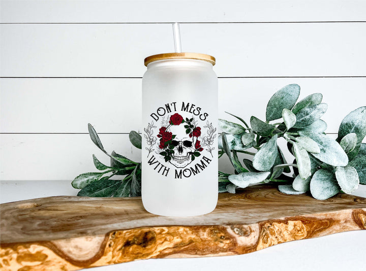 Don't Mess With Momma Floral Skull Iced Coffee Glass Tumbler