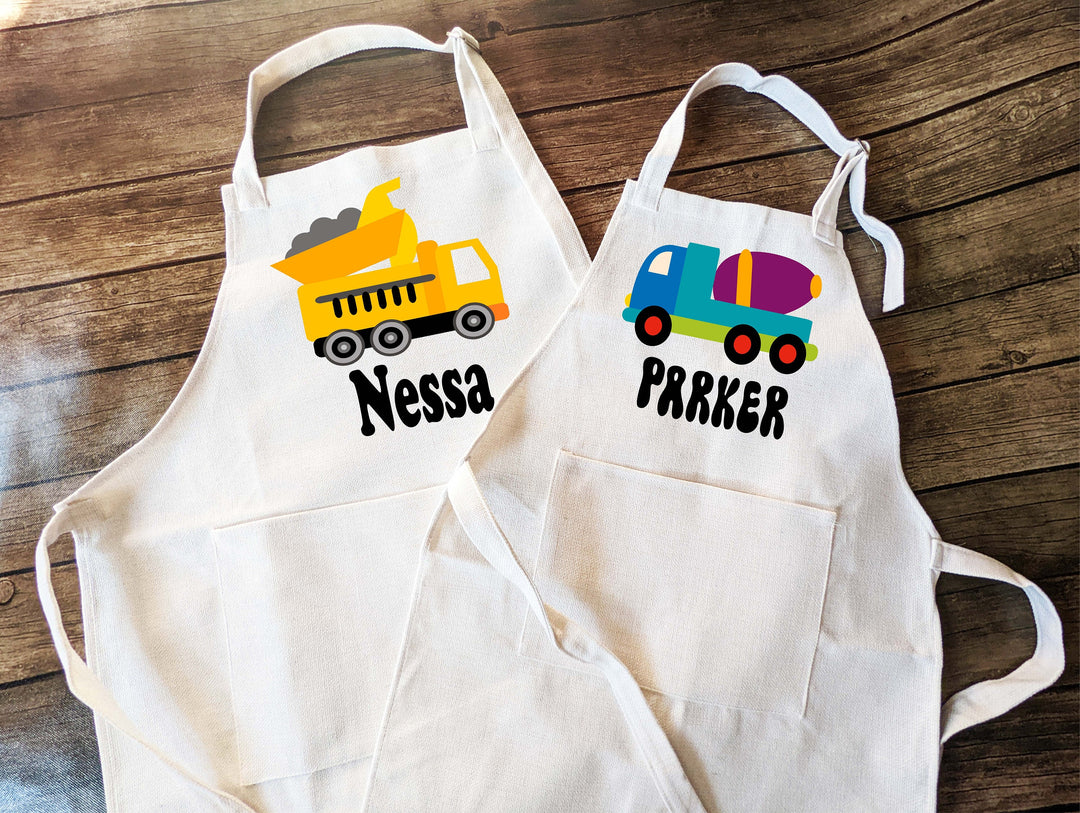 personalized apron for boy with pockets| Custom construction truck boys baking apron | Personalized baking apron | Boys cooking apron