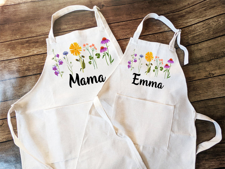 Personalized floral apron Adult and kids Custom cooking baking Matching&nbsp;apron&nbsp;Kids Birthday gift aprons for women with pocket baking apron