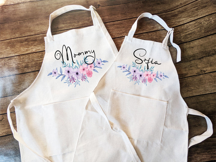 Personalized floral apron Adult and kids Custom cooking baking Matching&nbsp;apron&nbsp;Kids Birthday gift aprons for women with pocket baking apron