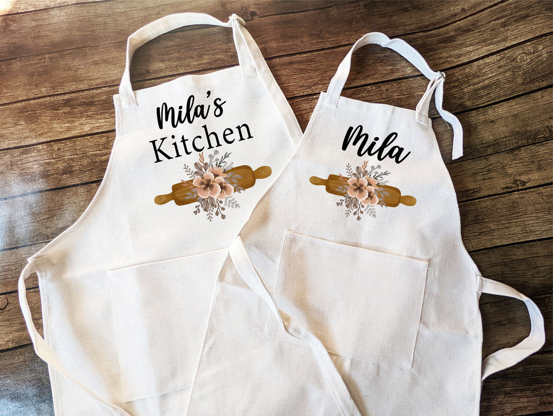 Personalized floral apron Adult and kids Custom cooking baking Matching&nbsp;apron&nbsp;Kids Birthday gift aprons for women with pocket baking apron