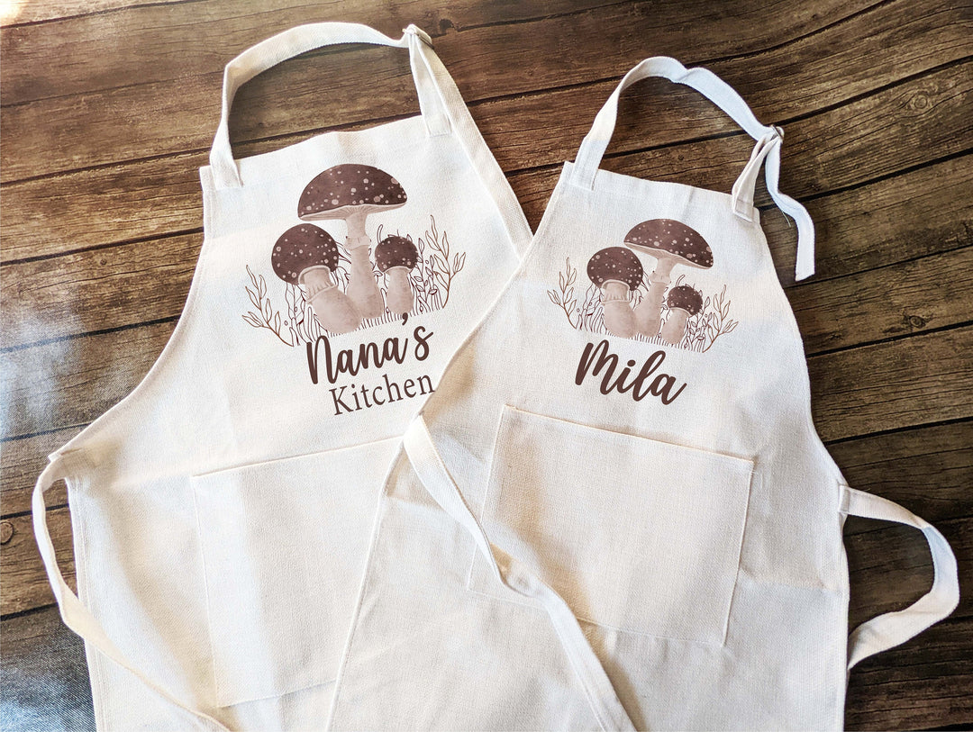 Personalized Retro Mushroom Apron for Women Kids Pocket