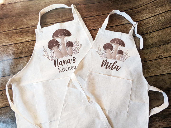 Personalized Retro Mushroom Apron for Women Kids Pocket