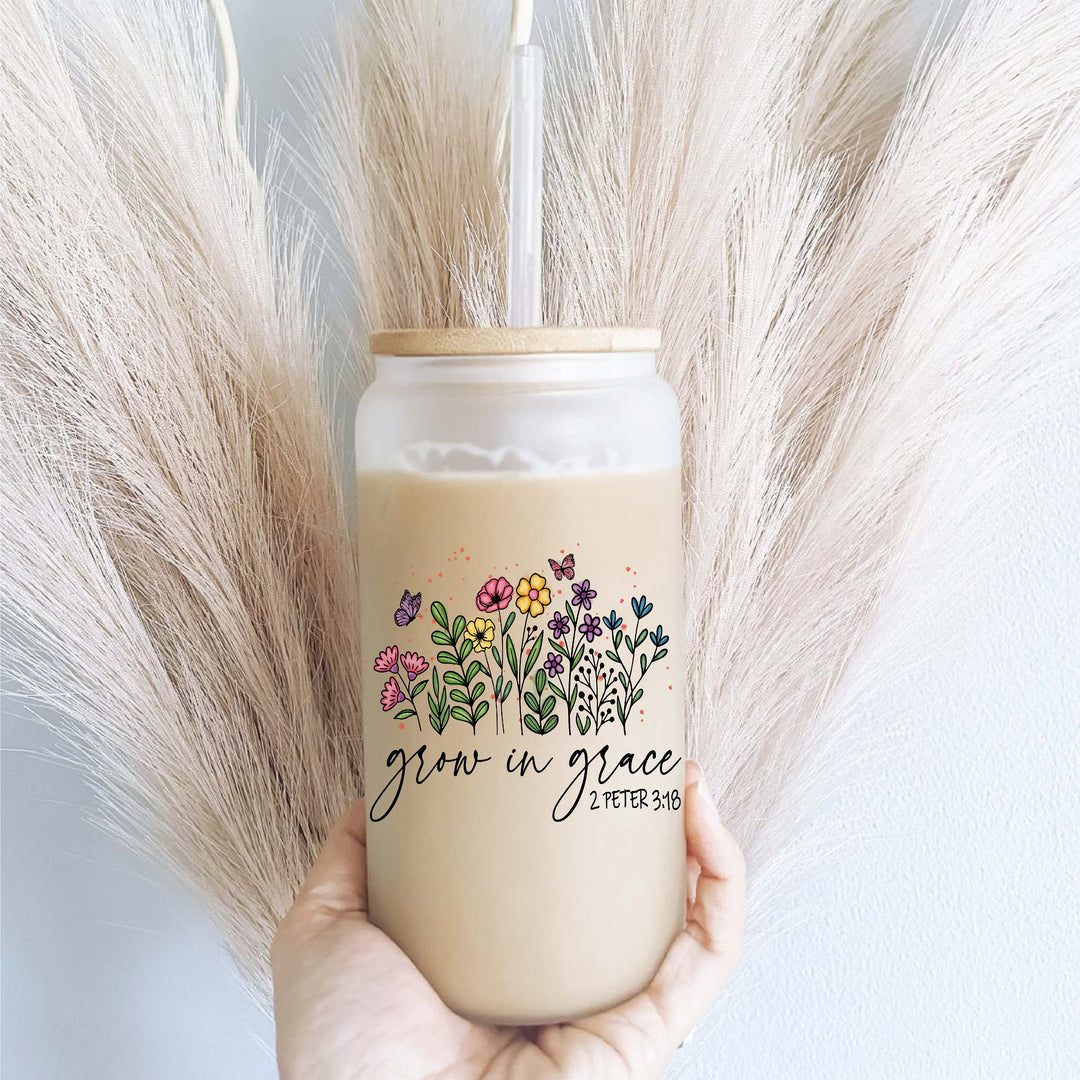 Grow In Grace Iced Coffee Glass Cup With Lid And Straw