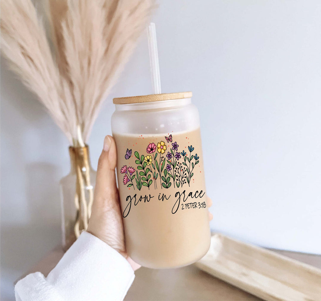 Grow In Grace Iced Coffee Glass Cup With Lid And Straw