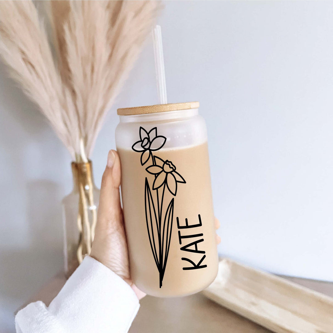 Personalized Birth month Flower with Name Iced coffee cups Glass tumbler Bridesmaid Proposal iced coffee glasses iced coffee glass cup lid