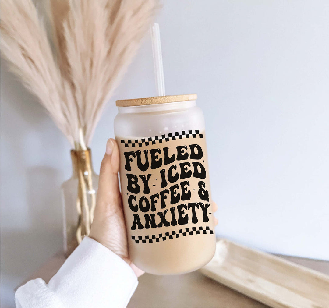 Fuel by coffee and Anxiety Iced coffee glass with lid and straw Iced coffee cups Iced coffee glass cup frosted Soda can Iced coffee glasses