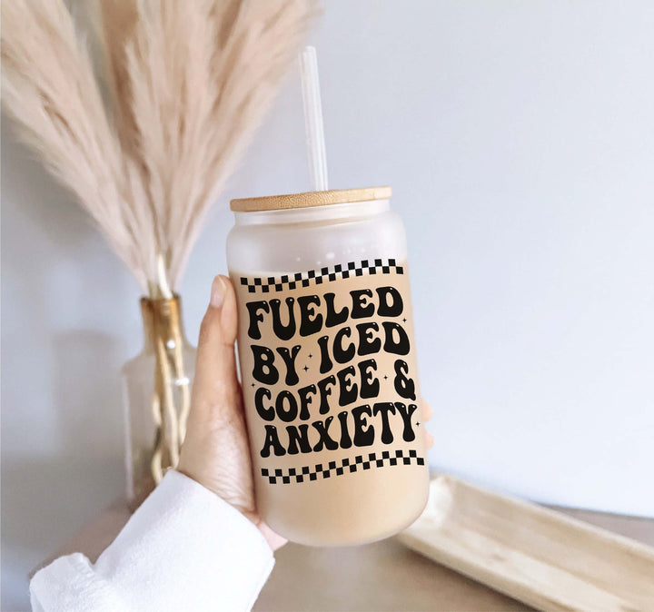 Fuel by coffee and Anxiety Iced coffee glass with lid and straw Iced coffee cups Iced coffee glass cup frosted Soda can Iced coffee glasses