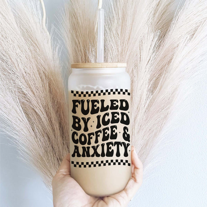 Fuel by coffee and Anxiety Iced coffee glass with lid and straw Iced coffee cups Iced coffee glass cup frosted Soda can Iced coffee glasses