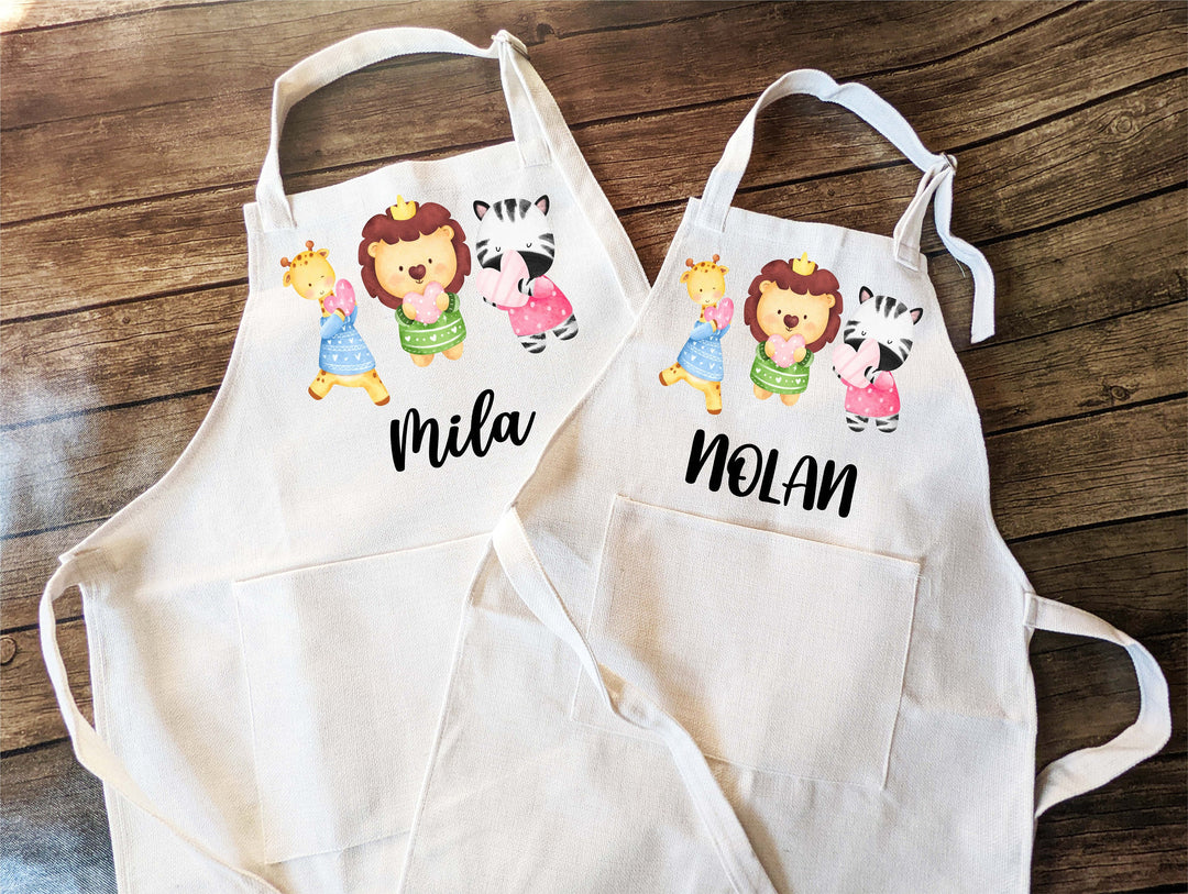 Personalized Wild Animals Kids Apron with Pocket