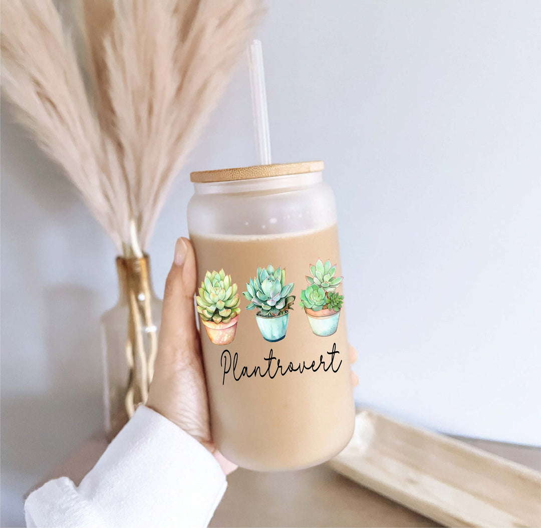 Plantrovert Iced coffee glass with lid and straw Iced coffee cups Iced coffee glass cup frosted Soda can&nbsp;Plant lover gift Plant lover glass