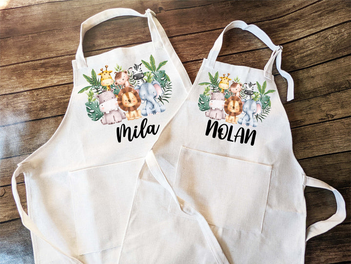 Animal Safari Personalized Kids Apron with Pocket - Custom Toddler Baking Apron - Kids Baking Gift