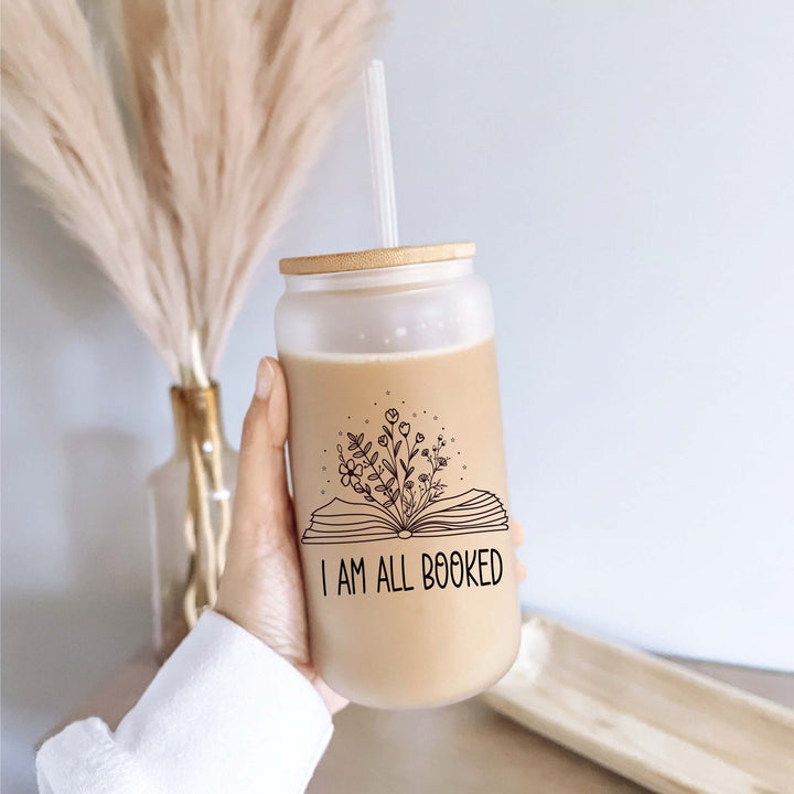 I am all booked Iced coffee glass with lid and straw Iced coffee cups Iced coffee glass cup frosted Soda can Tumbler Iced coffee glass cup