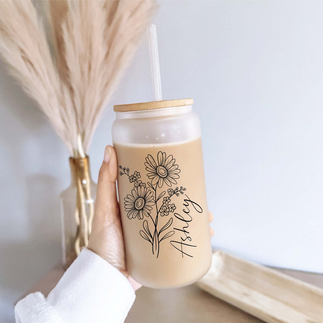 Wild Flower Iced coffee cups with Name Glass tumbler Bridesmaid Proposal iced coffee glasses iced coffee glass cup lid straw Floral cups