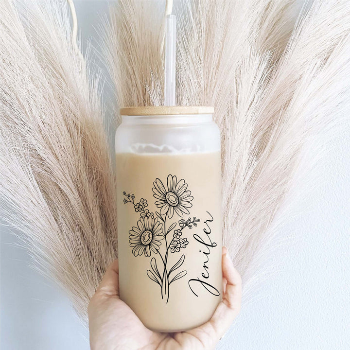 Wildflower Iced Coffee Cups with Name, Glass Tumbler