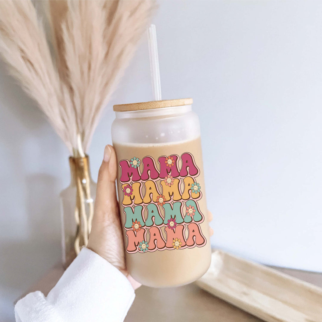 Retro mama Iced coffee Glass cup with lid and straw gift tumbler Pregnancy reveal gift for mama Floral mom gift Tumbler mama gift birthday