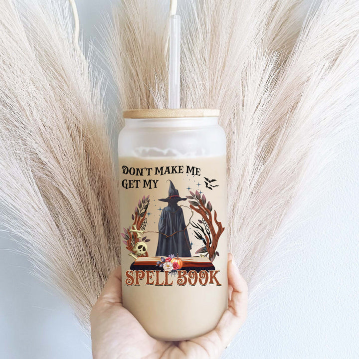 Witch spell book Iced coffee Glass cup with lid and straw Halloween glass can iced coffee glass Coffee Tumbler Halloween glass cup soda can