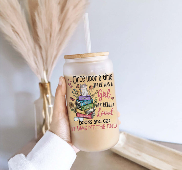Cat And Books Iced Coffee Glass With Lid And Straw Cup