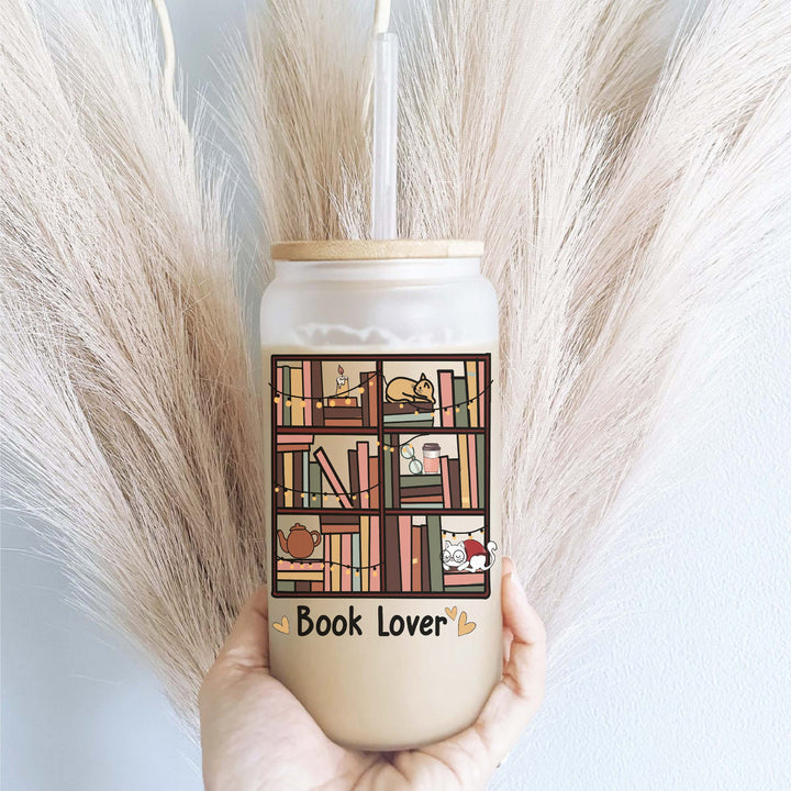 Books Iced coffee glass with lid and straw Iced coffee cups coffee glass cup frosted Soda can Tumbler Iced coffee glasses book gift Book cup