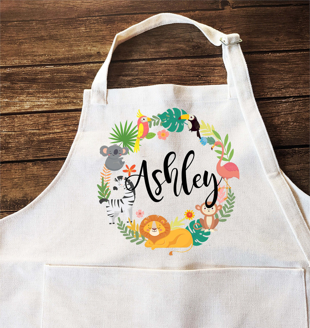 Personalized Kids Apron with Safari Animal with Pocket Custom kids apron Toddler Personalized Baking apron Kids Children Linen baking apron