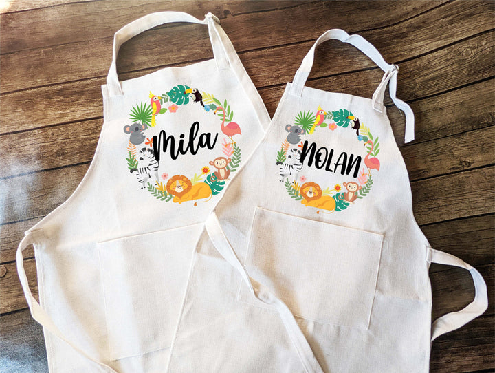 Personalized Kids Apron with Safari Animal and Pocket