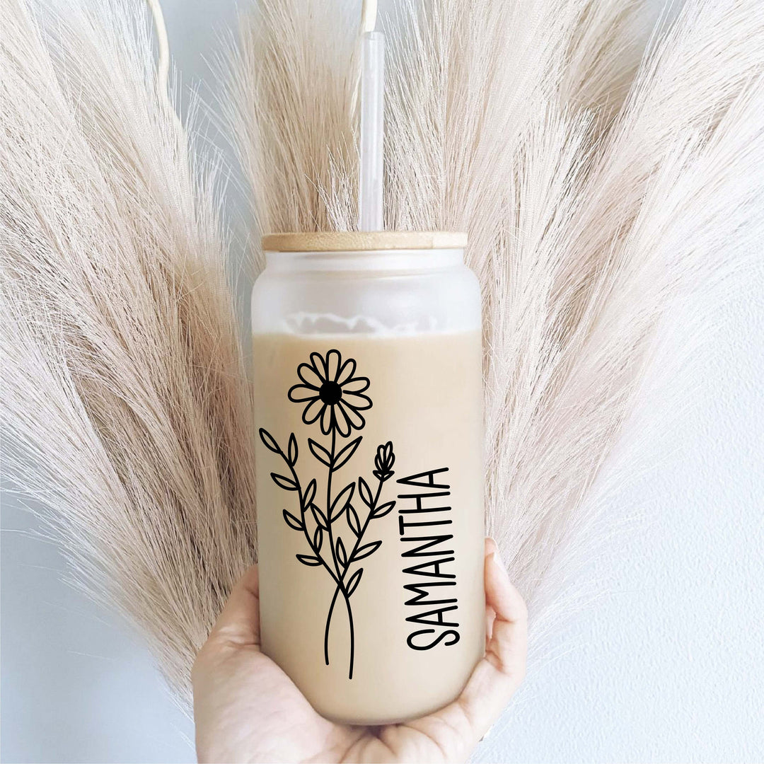 Personalized Birth Month Flower Iced Coffee Glass Tumbler