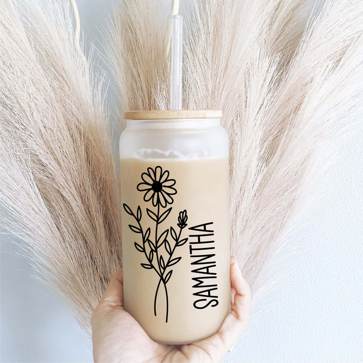 Personalized Birth Month Flower Iced Coffee Glass Tumbler