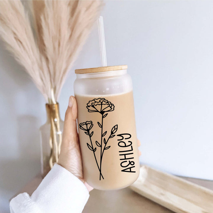 Personalized Birth month Flower with Name Iced coffee cups Glass tumbler Bridesmaid Proposal iced coffee glasses iced coffee glass cup lid