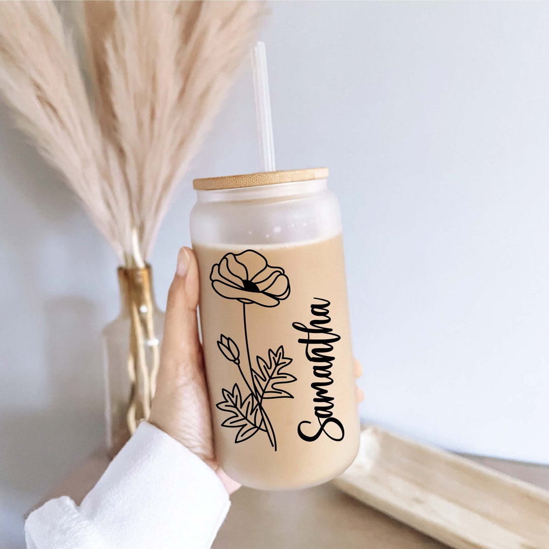 Personalized Birth month Flower with Name Iced coffee cups Glass tumbler Bridesmaid Proposal iced coffee glasses iced coffee glass cup lid