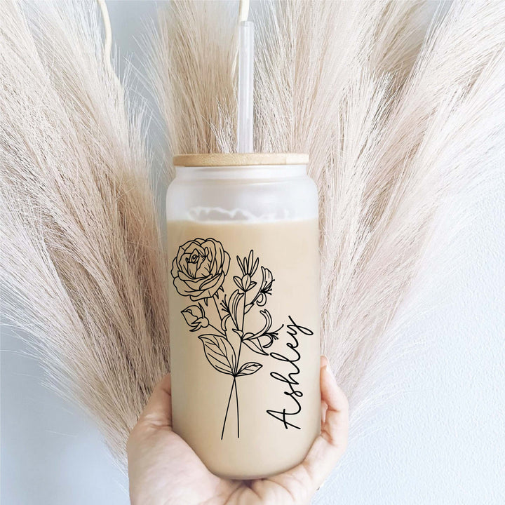 Personalized Birth Month Flower Iced Coffee Glass Tumbler