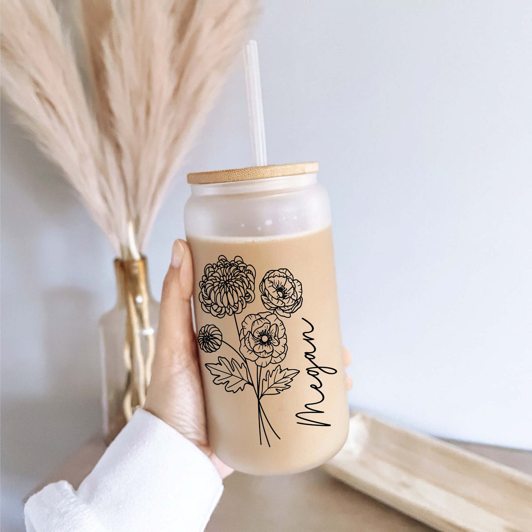 Personalized Birth month Flower with Name Iced coffee cups Glass tumbler Bridesmaid Proposal iced coffee glasses iced coffee glass cup lid