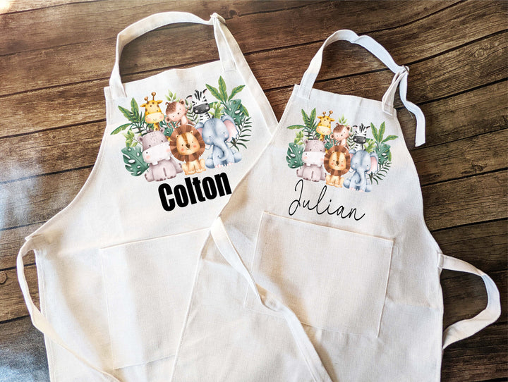 Animal Safari Personalized Kids Apron with Pocket - Custom Toddler Baking Apron - Kids Baking Gift