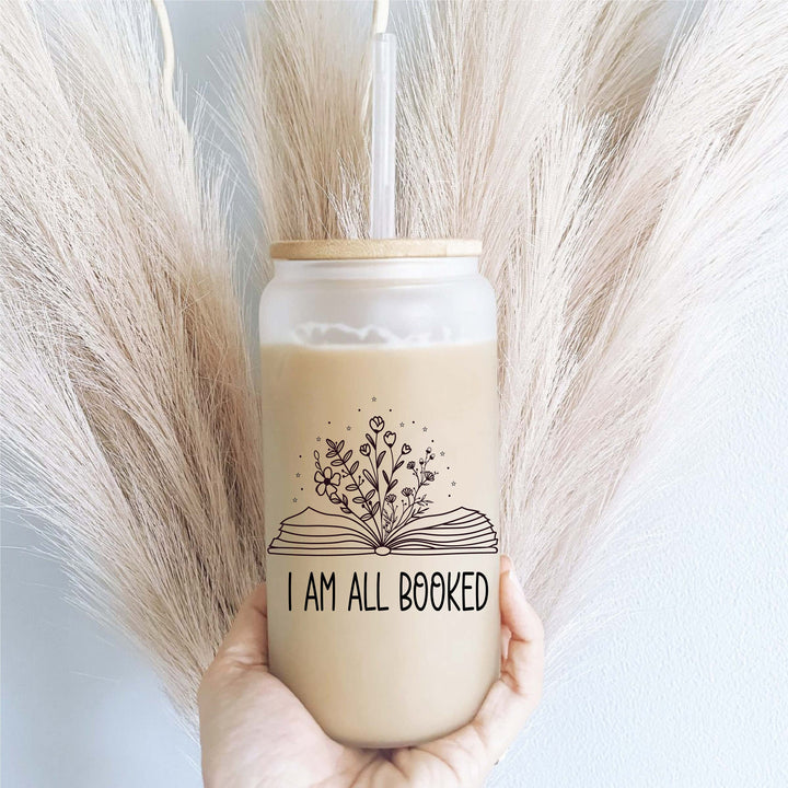 I am all booked Iced coffee glass with lid and straw Iced coffee cups Iced coffee glass cup frosted Soda can Tumbler Iced coffee glass cup