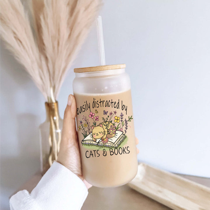 Cat And Books Iced Coffee Glass With Lid And Straw