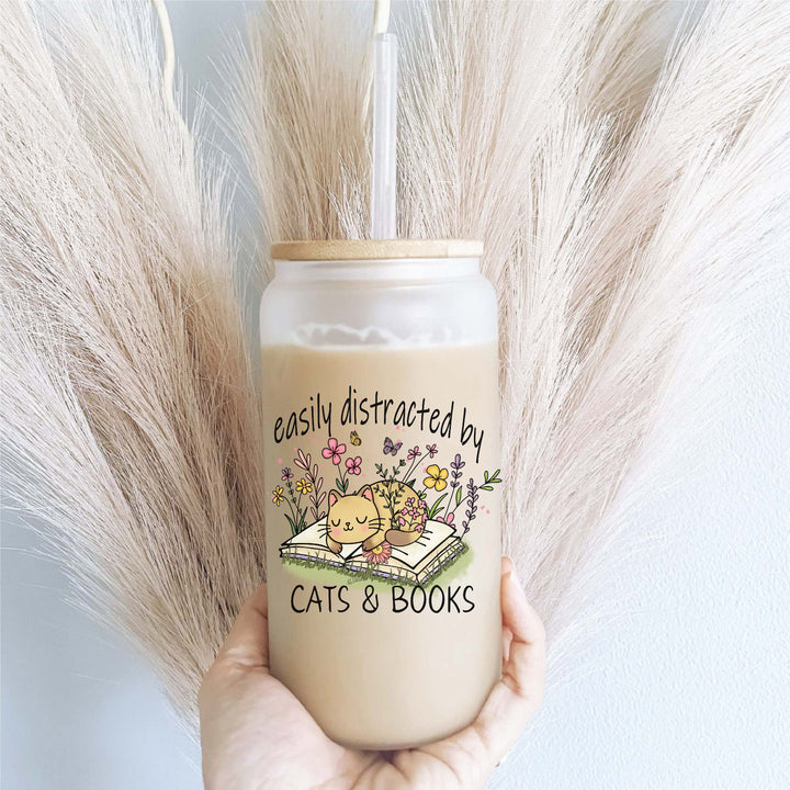 Cat And Books Iced Coffee Glass With Lid And Straw