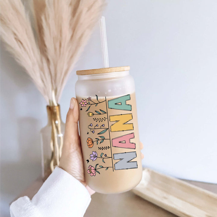 Nana Iced coffee Glass cup with lid and straw Nana gift tumbler Pregnancy reveal gift for nana Floral nana gift Tumbler nana gift birthday