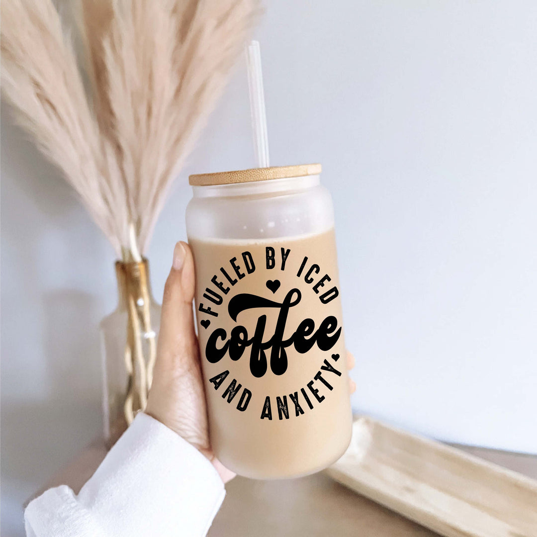 Fuel By Coffee And Anxiety Iced Coffee Glass With Lid