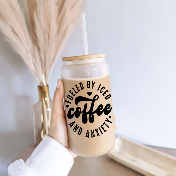 Fuel By Coffee And Anxiety Iced Coffee Glass With Lid